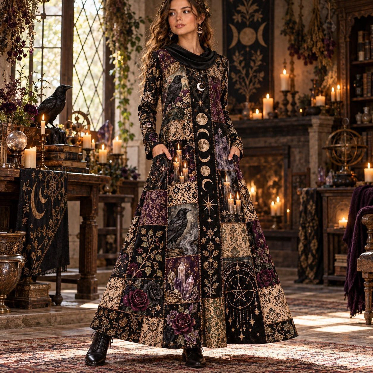 Samhain Midnight Coven Gothic Cowl Neck Dress – Witchy Raven Maxi – worn, front view