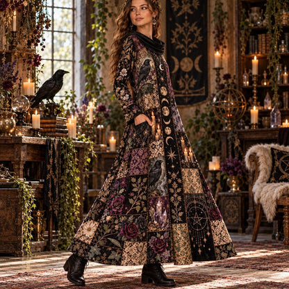 Samhain Midnight Coven Gothic Cowl Neck Dress – Witchy Raven Maxi – worn, three quarter view