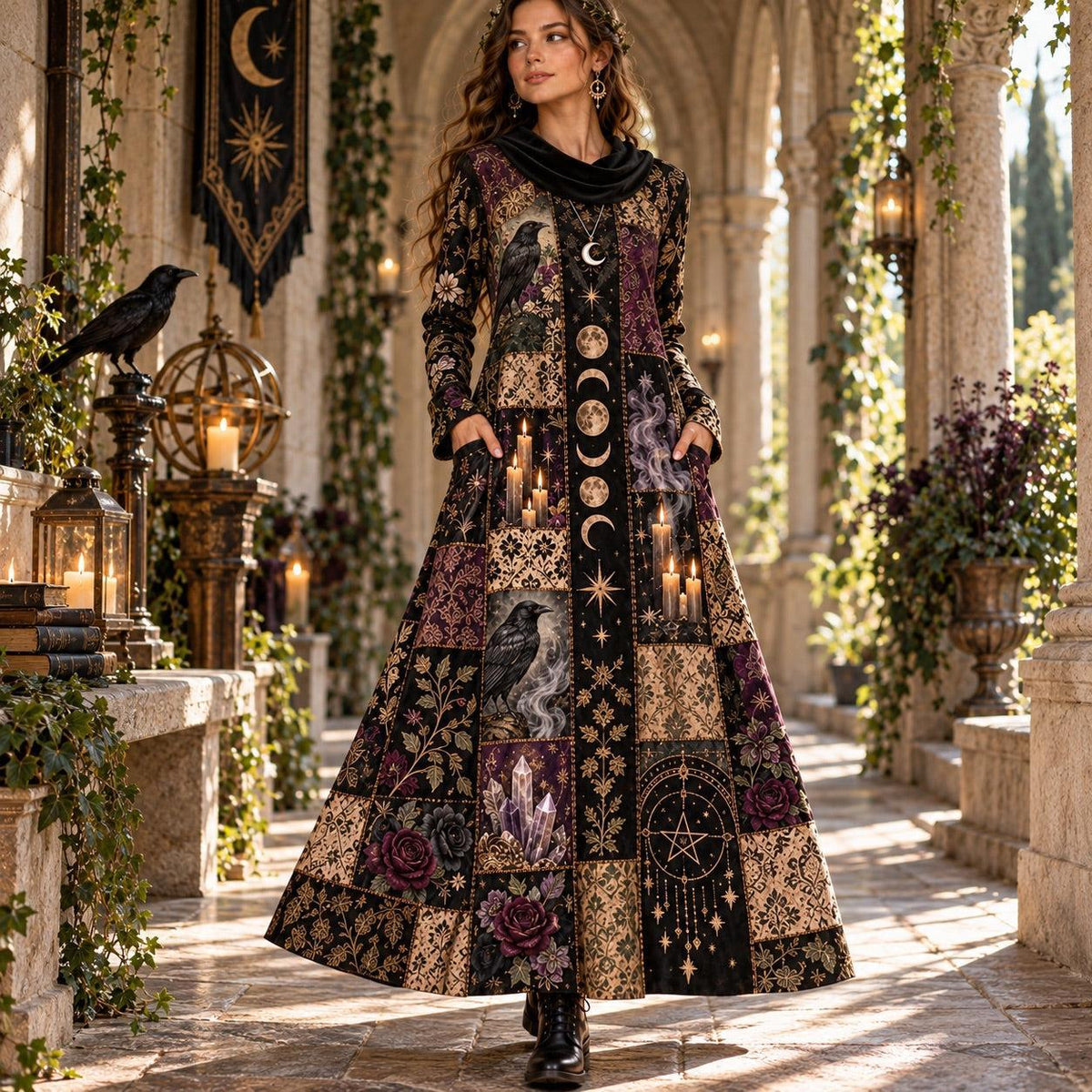 Samhain Midnight Coven Gothic Cowl Neck Dress – Witchy Raven Maxi – worn, in motion
