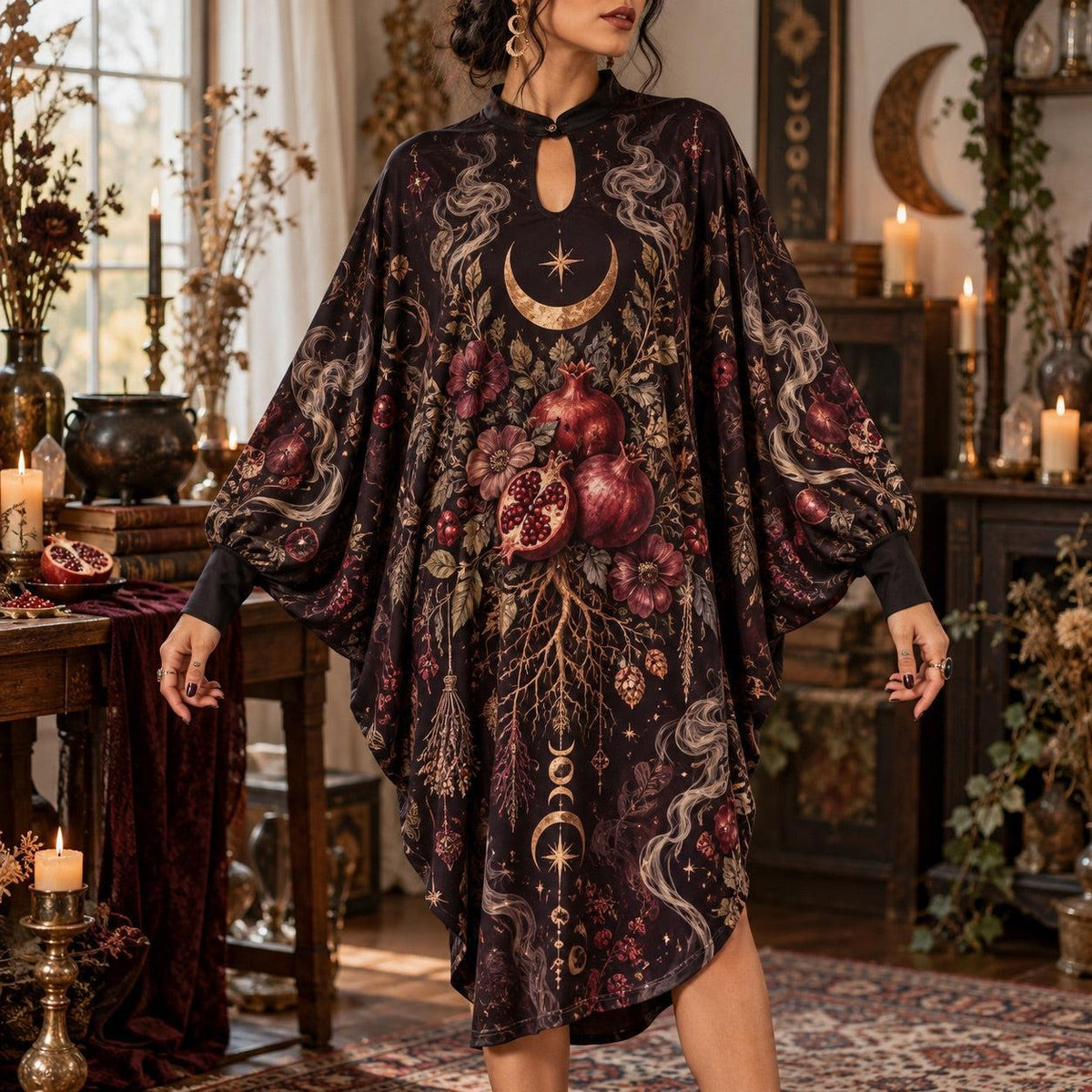 Samhain Pomegranate Pagan Batwing Dress – Witchy Gothic Moon Midi – worn, front view