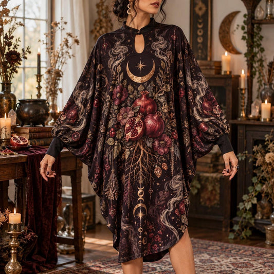 Samhain Pomegranate Pagan Batwing Dress – Witchy Gothic Moon Midi – worn, front view