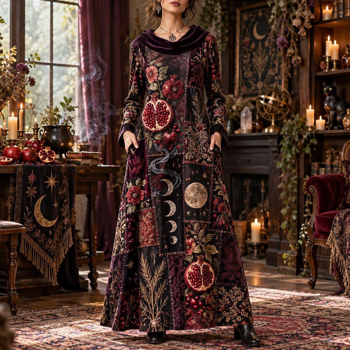 Samhain Pomegranate Witchy Cowl Neck Dress – Gothic Moon Phase Maxi – worn, front view