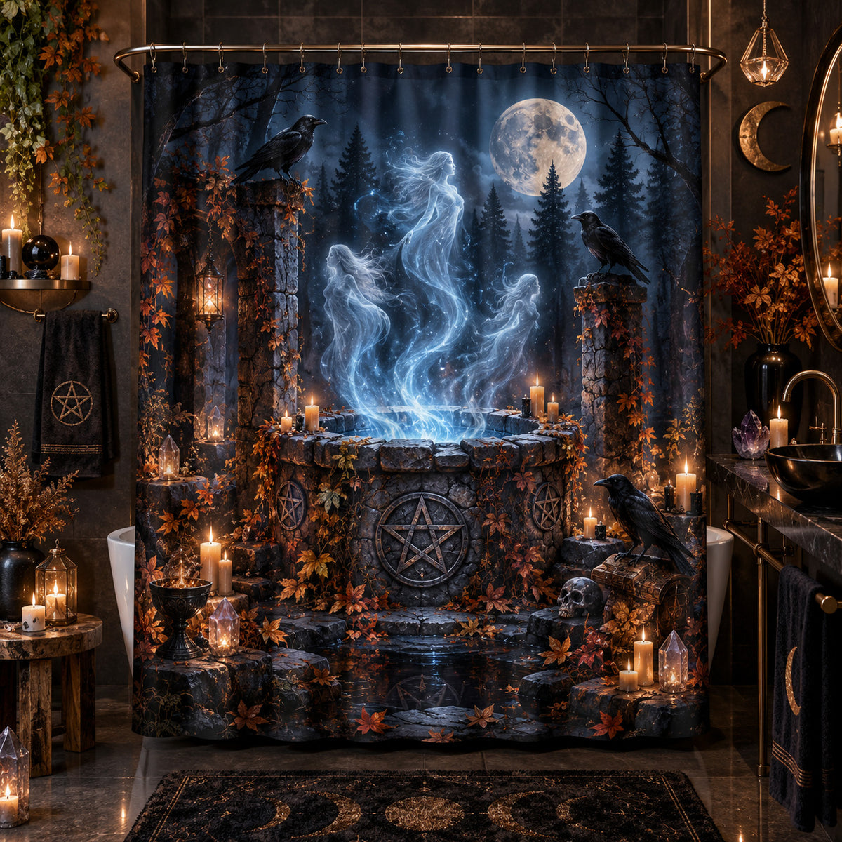 Samhain Shower Curtain - Spirit Well Pagan Halloween Decor