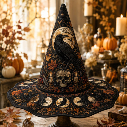 Samhain Skull Witch Hat – Raven Pumpkin Occult Wide Brim Hat – on an altar table