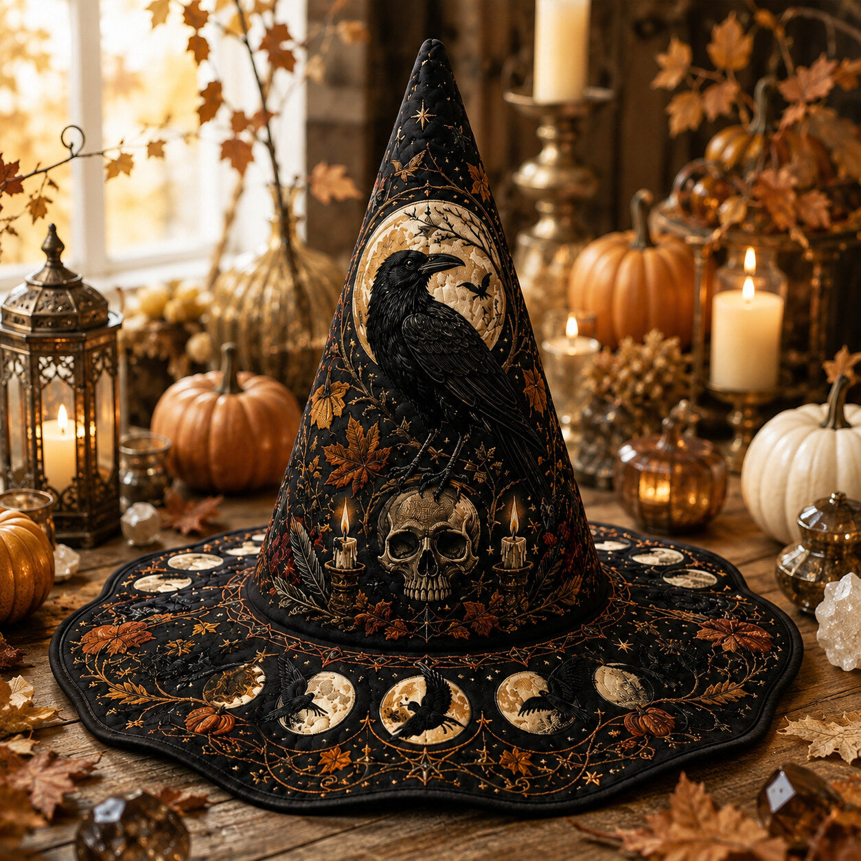 Samhain Skull Witch Hat – Raven Pumpkin Occult Wide Brim Hat – styled with candles and crystals