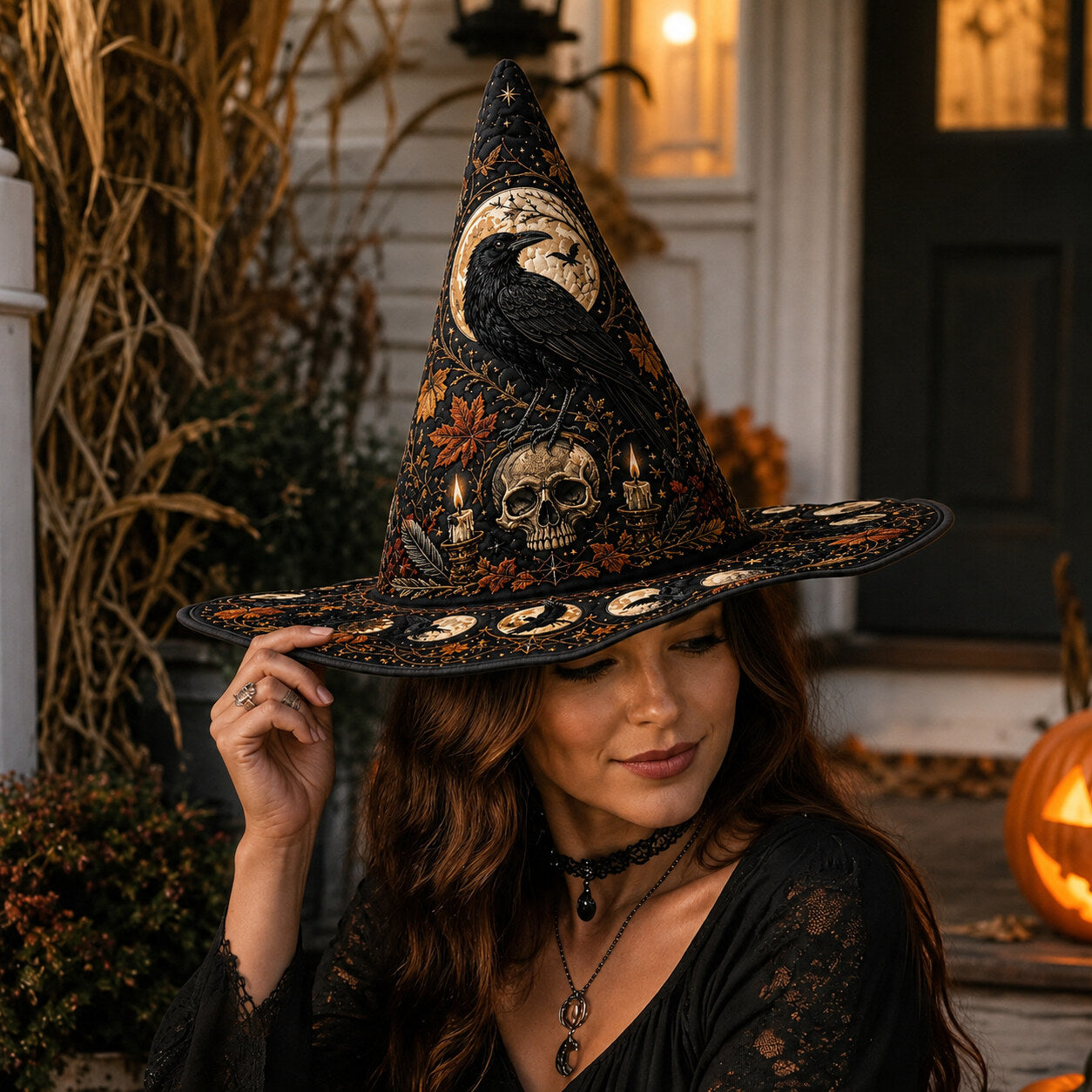 Samhain Skull Witch Hat – Raven Pumpkin Occult Wide Brim Hat – worn, front view
