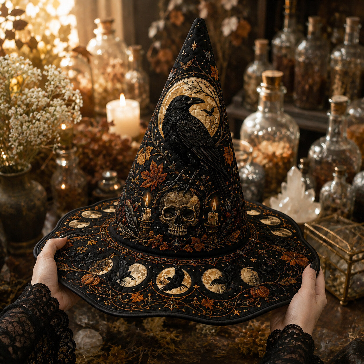 Samhain Skull Witch Hat – Raven Pumpkin Occult Wide Brim Hat – quilting and print detail