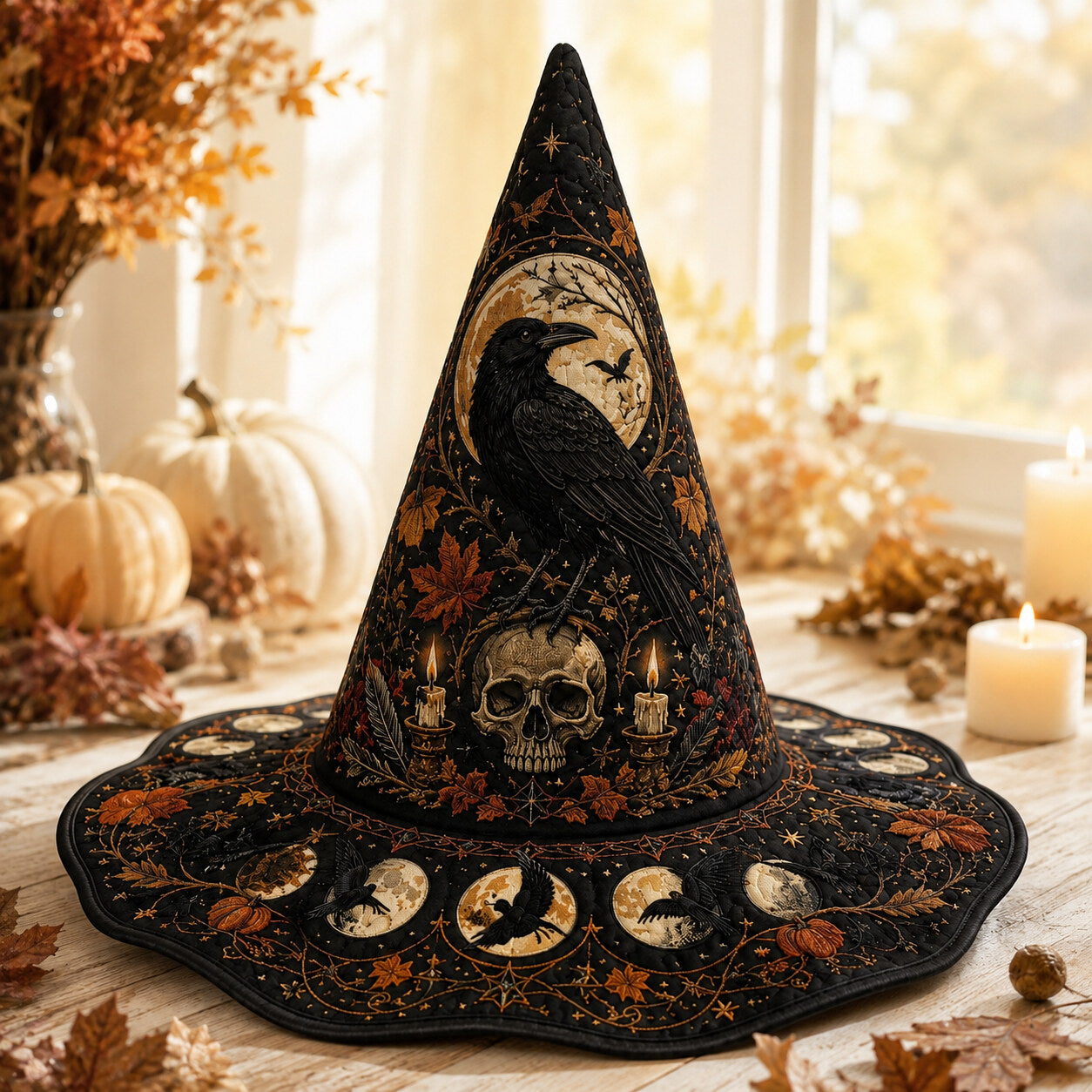 Samhain Skull Witch Hat – Raven Pumpkin Occult Wide Brim Hat – held in both hands