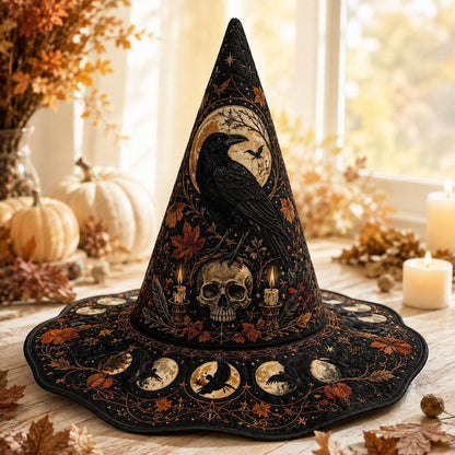 Samhain Skull Witch Hat – Raven Pumpkin Occult Wide Brim Hat – held in both hands