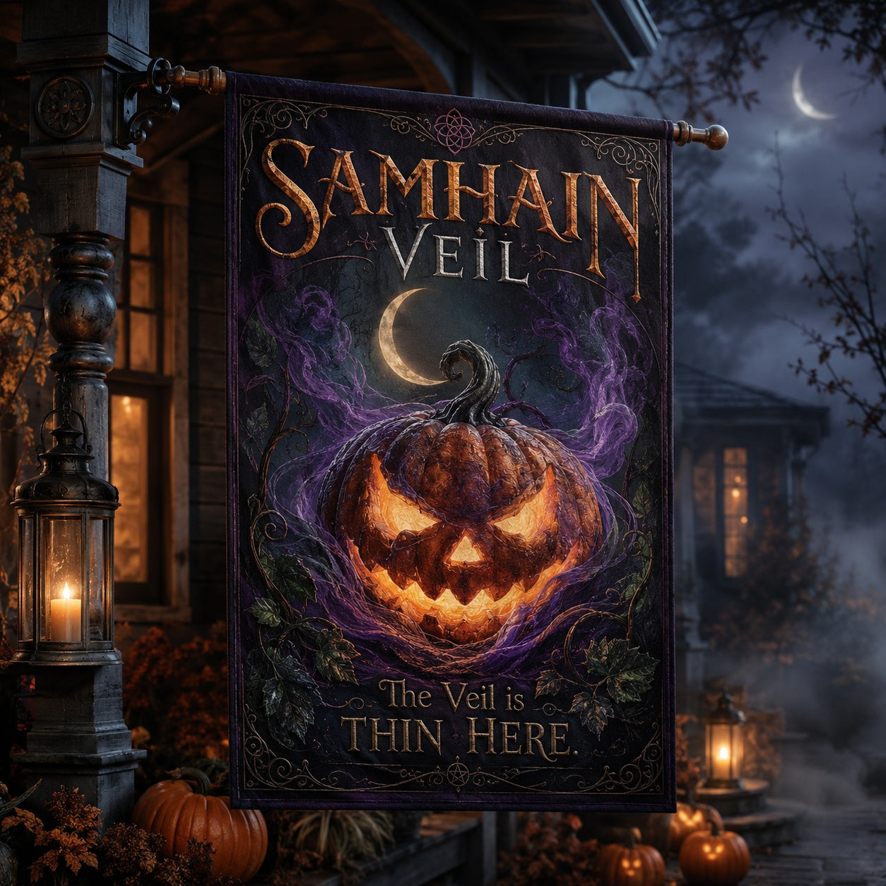 Samhain Veil house flag with The Veil is Thin Here pumpkin Halloween design