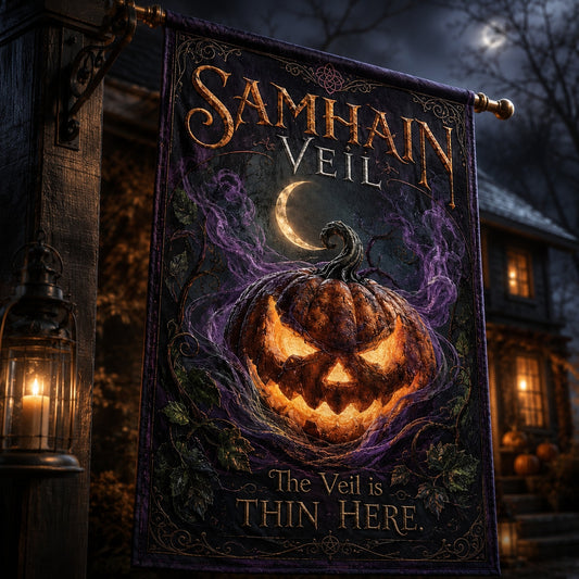 Samhain Veil house flag displayed outdoors on a garden flag stand