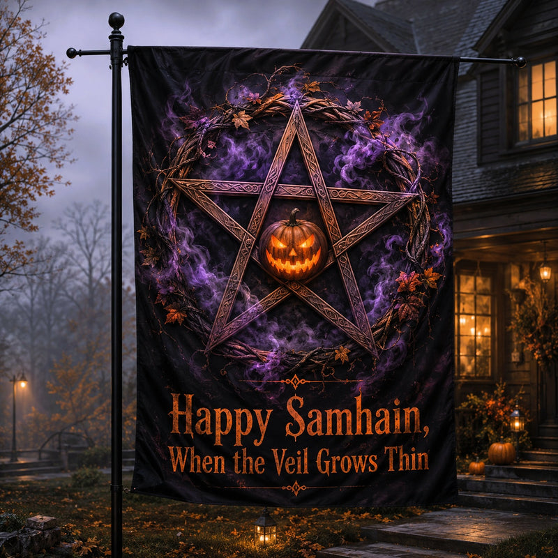 Samhain Veil Pentacle house flag with Happy Samhain lettering, Halloween pagan design