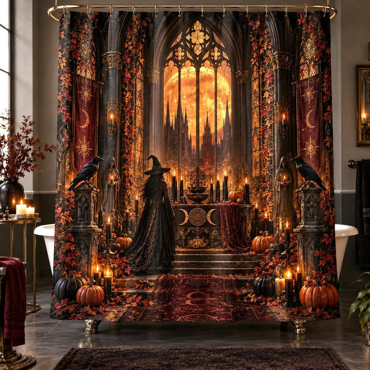 Samhain Witch Shower Curtain - Gothic Moon Cathedral Decor