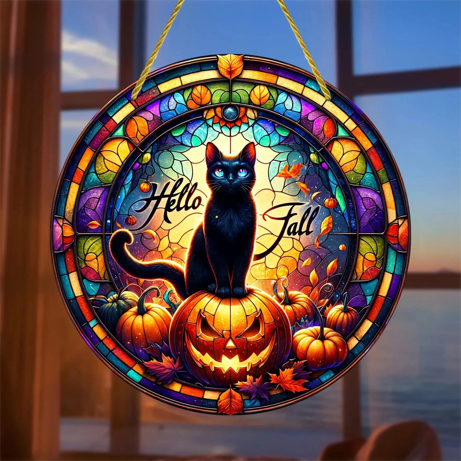 Pumpkin Black Cat Suncatcher Halloween Acrylic Round Sign-MoonChildWorld