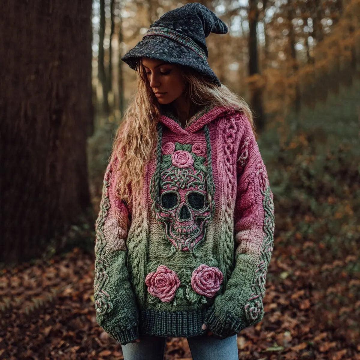 Gothic Halloween Oversized Sweaters Horror Skull Sweater O Neck Hooded Pullover-MoonChildWorld