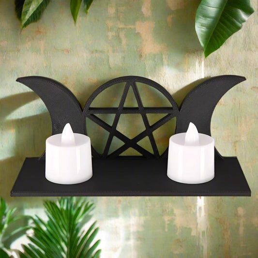 Wicca Triple Moon and Pentagram Crystal Shelf for Witch Home Decor