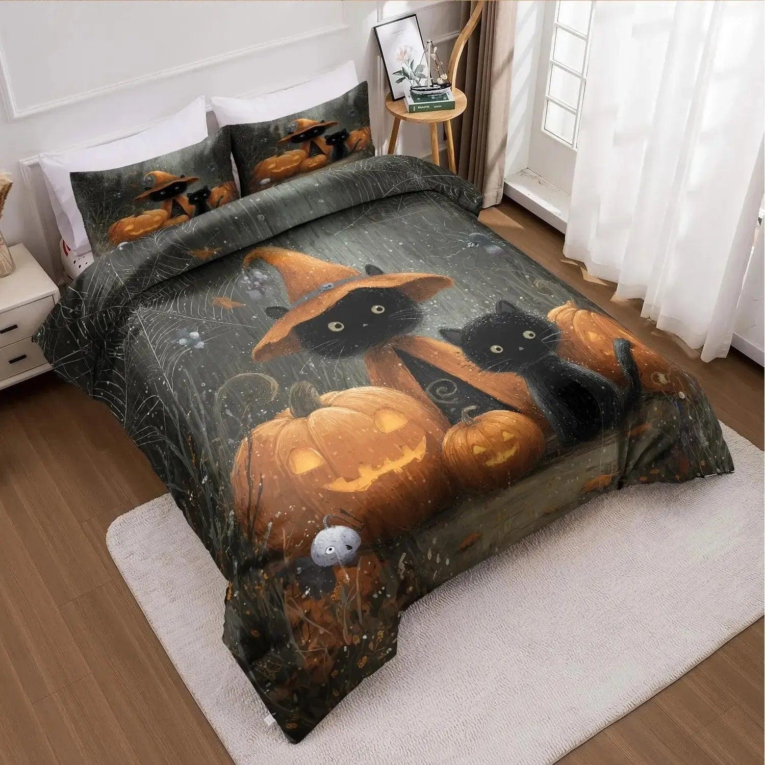 Spooky Pumpkin Black Cat Duvet Cover Set Halloween Bedding Set Witch Home Decor-MoonChildWorld