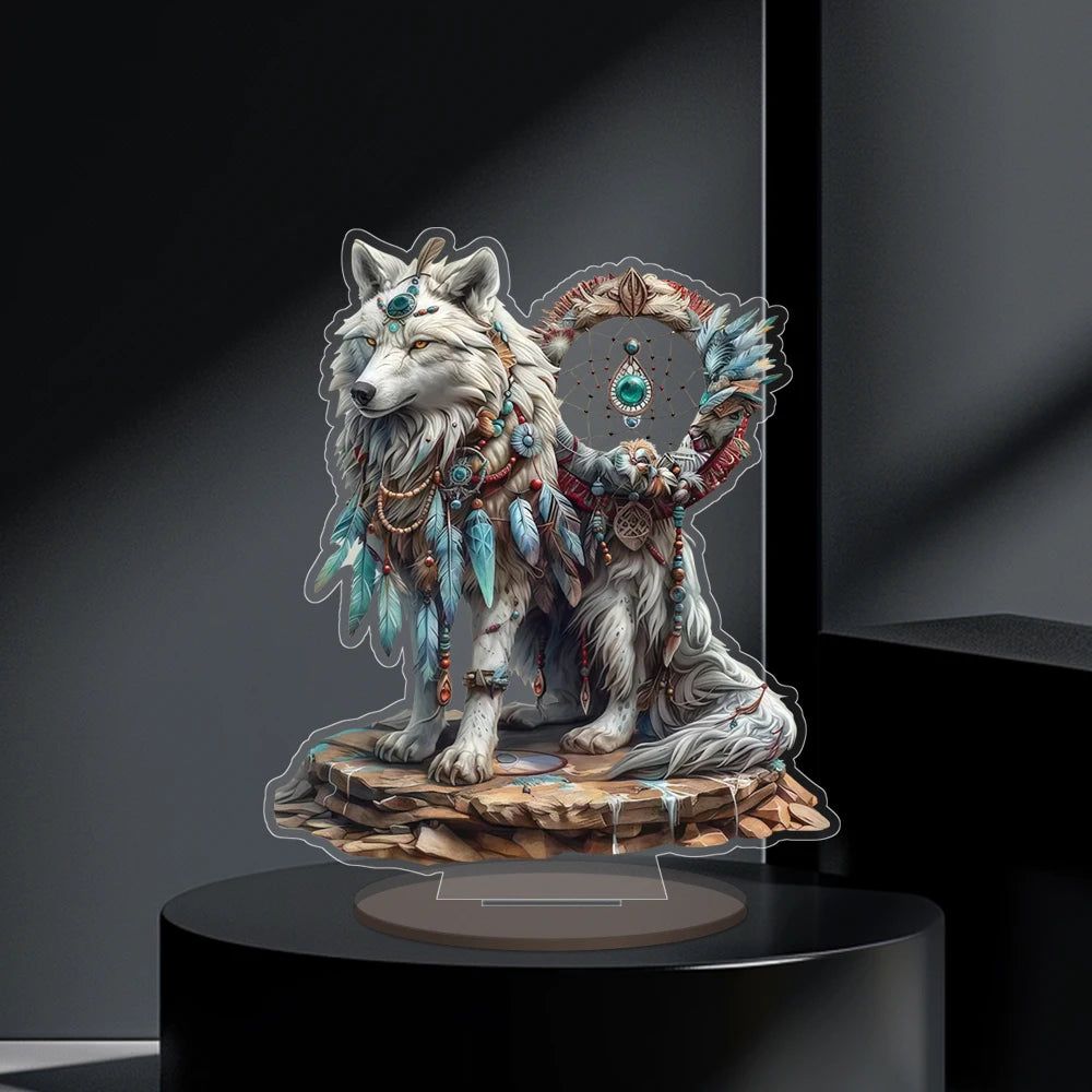 Majestic White Wolf & Dream Catcher Acrylic Desk Decor Wolf Table Ornament-MoonChildWorld