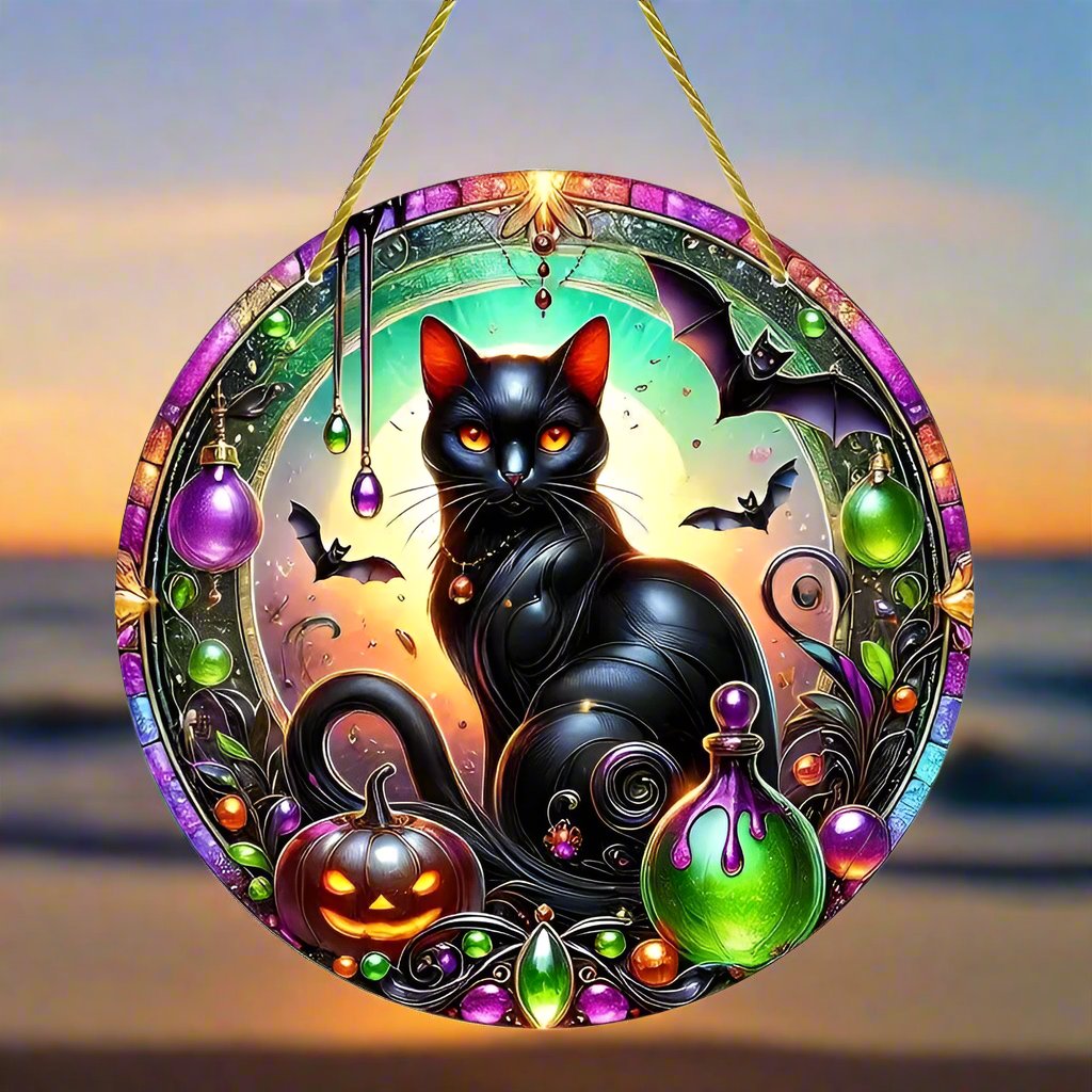 Halloween Black Cat Suncatcher Moon Cat Hanging Ornament Window Decorations-MoonChildWorld