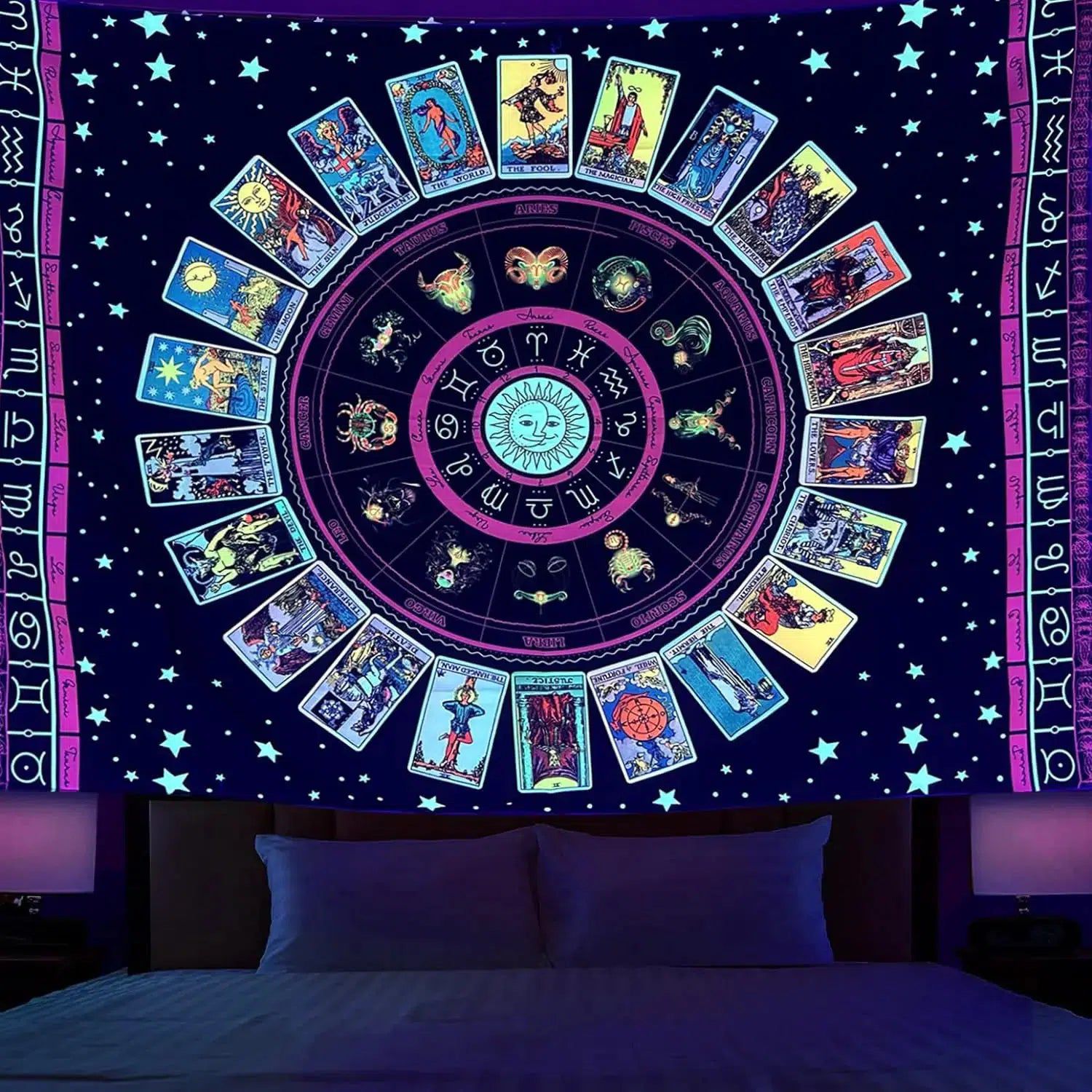 Wheel Of The Pagan Tapestry Blacklight Astrology Tarot UV Tapestry-MoonChildWorld