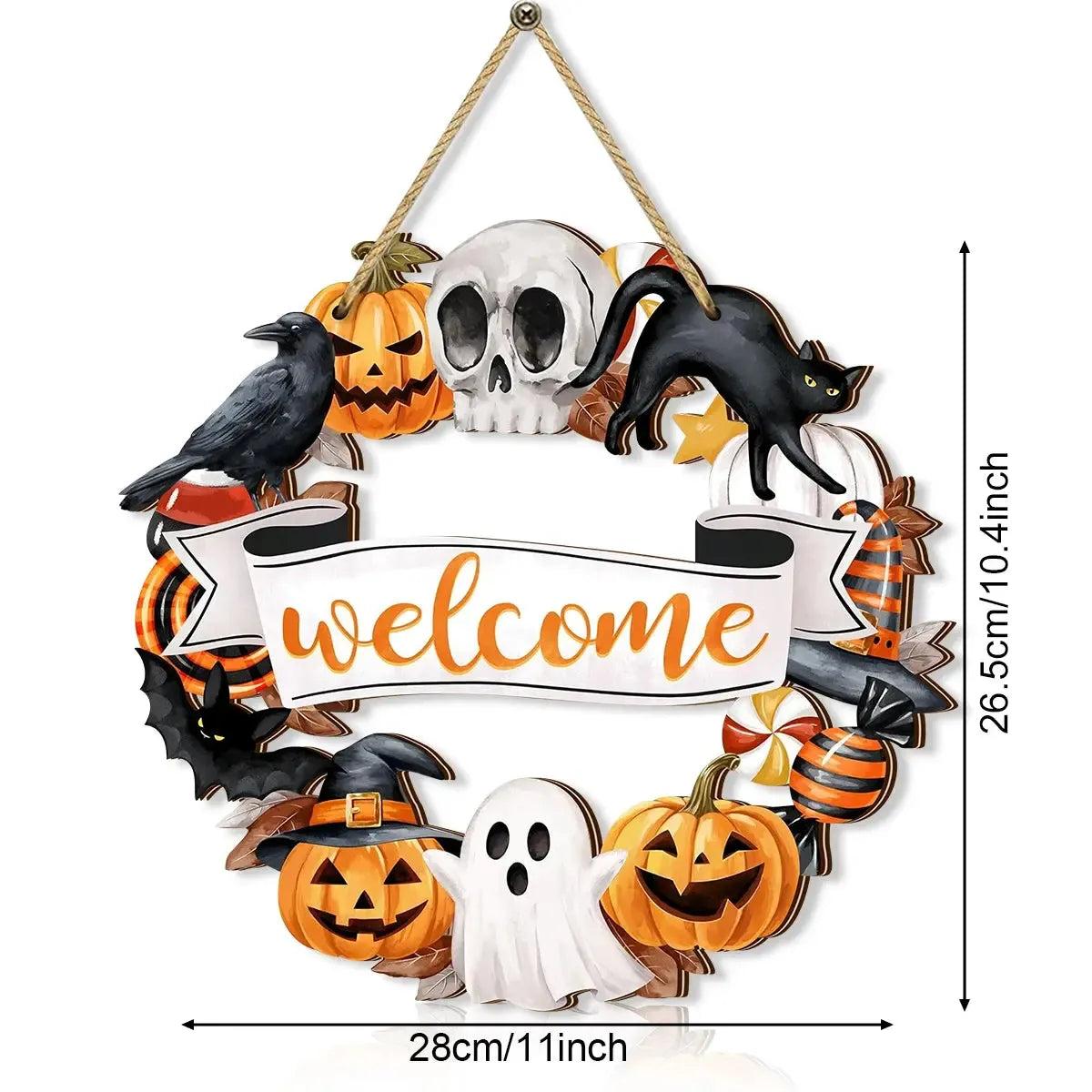 Halloween Welcome Wreath Decor with Cat Raven Skull Pumpkins Ghost - Witch Wooden Sign for Gothic Halloween Decor-MoonChildWorld