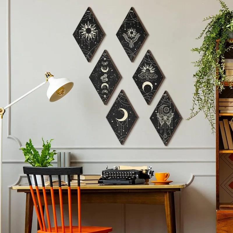 Celestial Moon Phases Wall Decor Set 6pcs - Boho Sun Moon Wooden Hanging Signs for Witchy Home Decor-MoonChildWorld