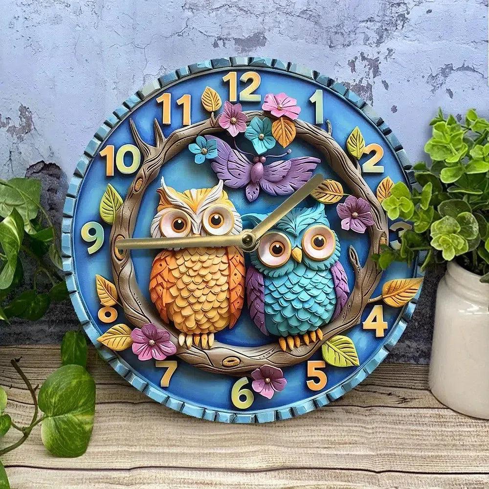 Wooden wall clock with cute owls and floral - Owl home decor-MoonChildWorld