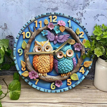 Wooden wall clock with cute owls and floral - Owl home decor