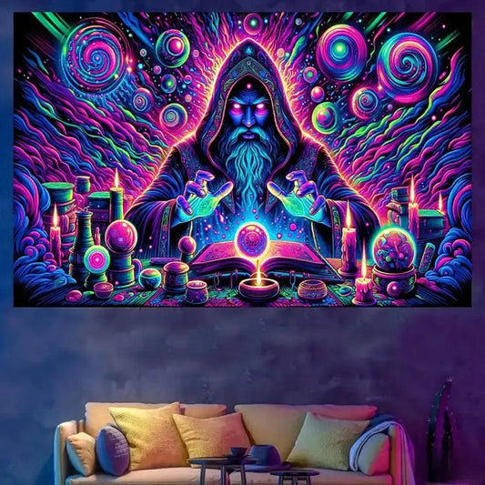 Halloween Wizard Fluorescent Tapestry Blacklight Tapestry Wizard Tapestry UV Reactive Neon Tapestry