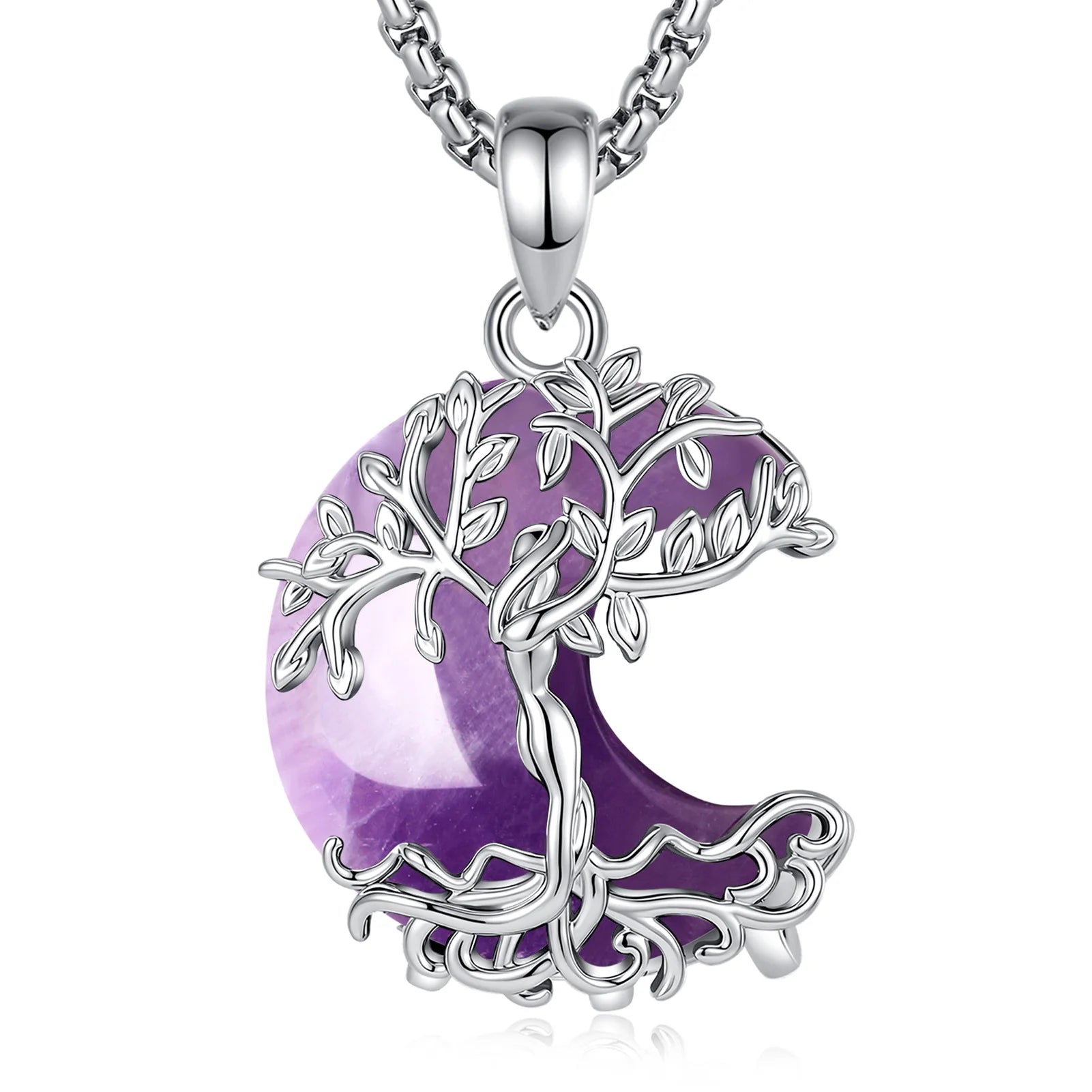 925 Sterling Silver Tree of Life pendant necklace with purple amethyst crescent moon gemstone and chain