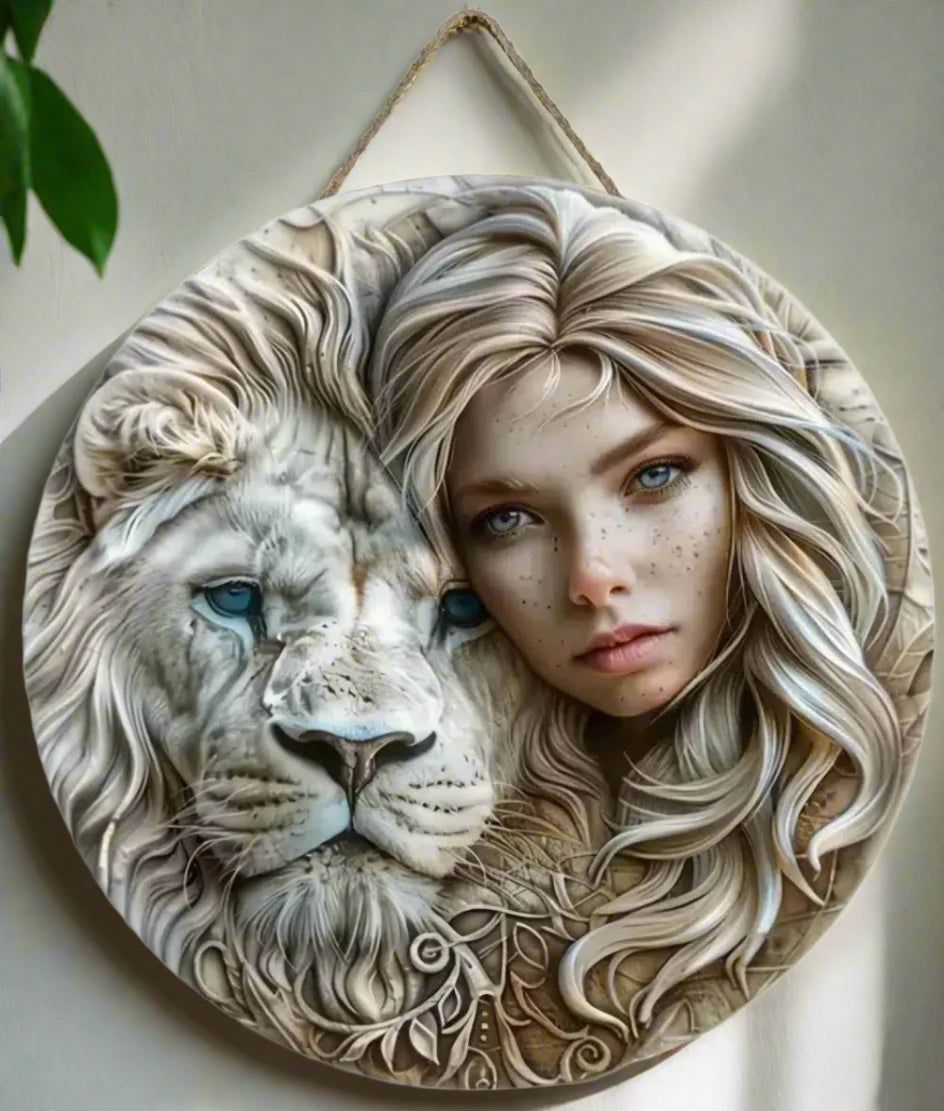 White Lion and Goddess Wooden Sign Mystic Hanging Sign-MoonChildWorld