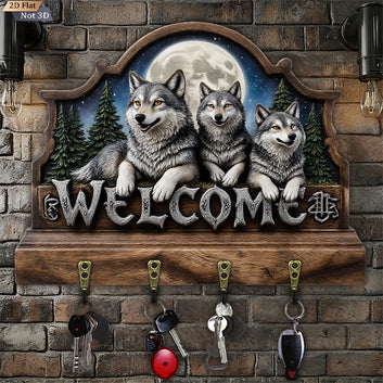 2D Moonlight Wolf Wood Key Rack - Welcome Wolves Key Holder 4 Metal Hooks for Witch Decor