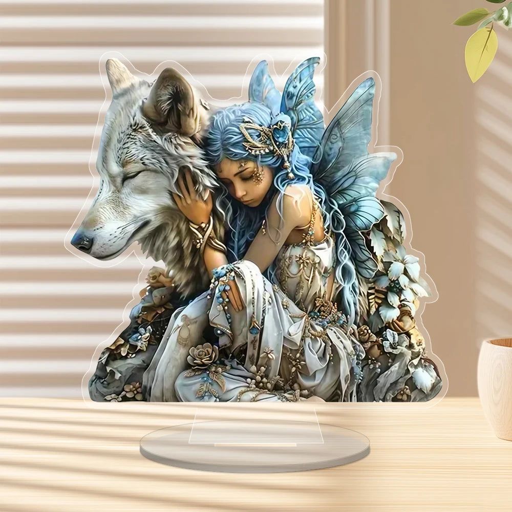 Boho Wolf & Angel Acrylic Decorative Plaque Desktop Decor Mystic Table Ornament-MoonChildWorld