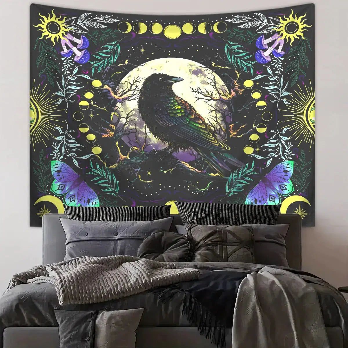 Gothic raven moon phase tapestry Mysterious moon crow tapestry-MoonChildWorld