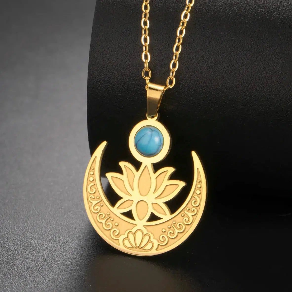 Blue Stone Lotus Moon Necklace Healing Yoga Jewelry-MoonChildWorld