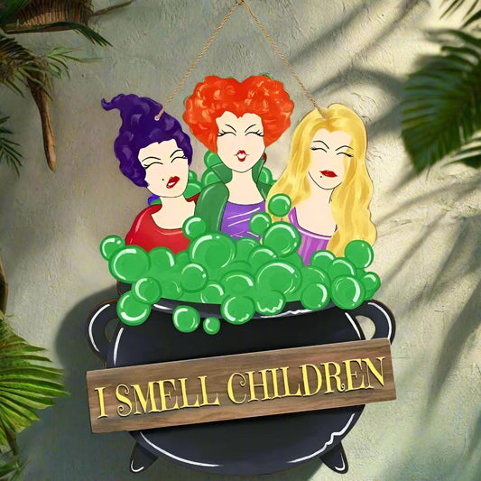Hocus Pocus 'I Smell Children' Wooden Door Sign - Vintage Halloween Hanging Decor with Witch Silhouette