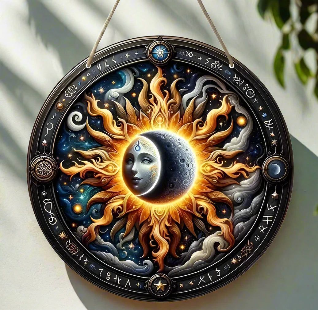 Wicca Sun and Moon Wooden Sign Celestial Goddess Hanging Sign-MoonChildWorld