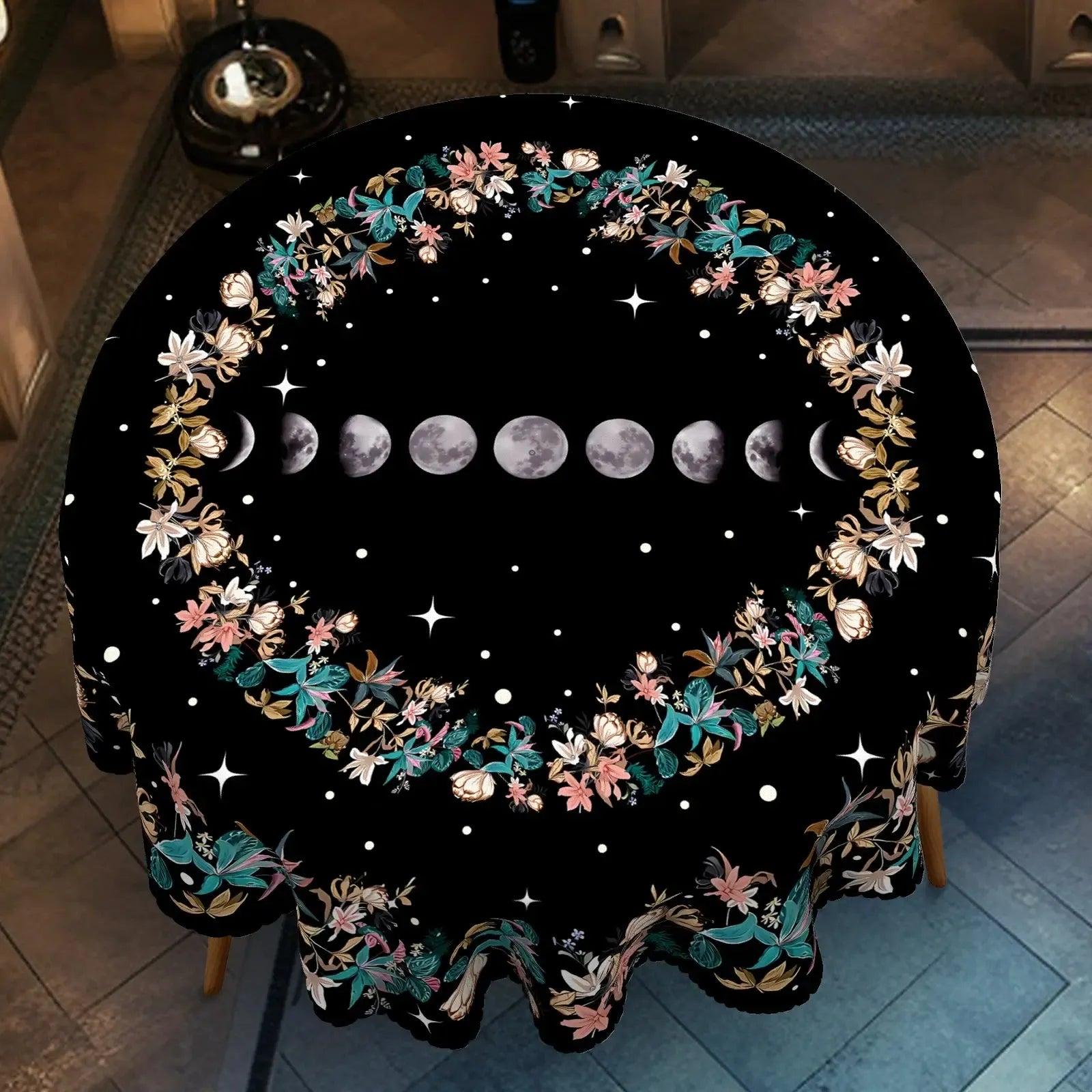 Wicca Moon Phase Tablecloth Floral Wreath Moon Tablecloth-MoonChildWorld