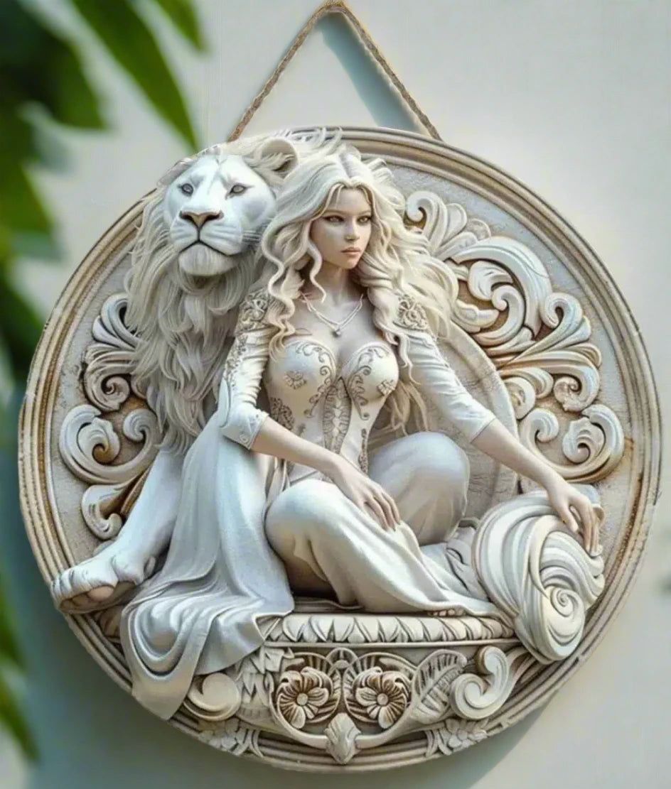 White Lion and Goddess Wooden Sign Mystic Hanging Sign-MoonChildWorld