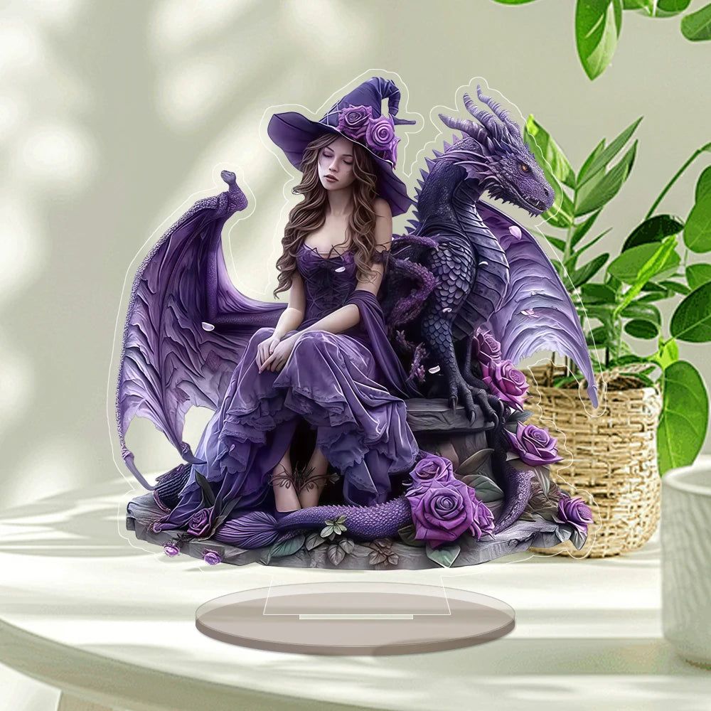 Purple Dragon and Witch Acrylic Decorative Plaque Desktop Decor Witchy Table Ornament-MoonChildWorld