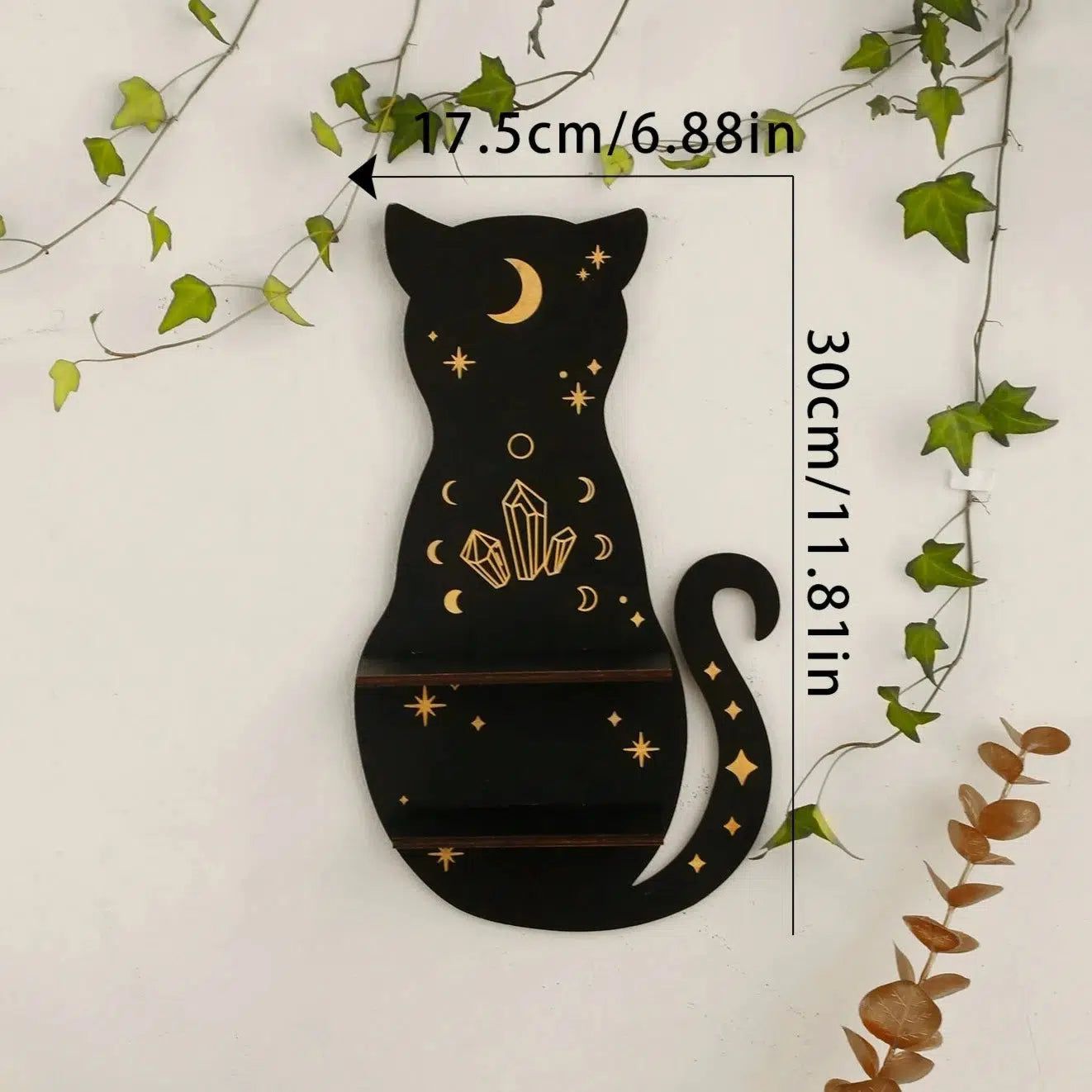 Black Cat Wooden Shelf Moon Phase Floating Shelf Chakra Crystal Holder-MoonChildWorld