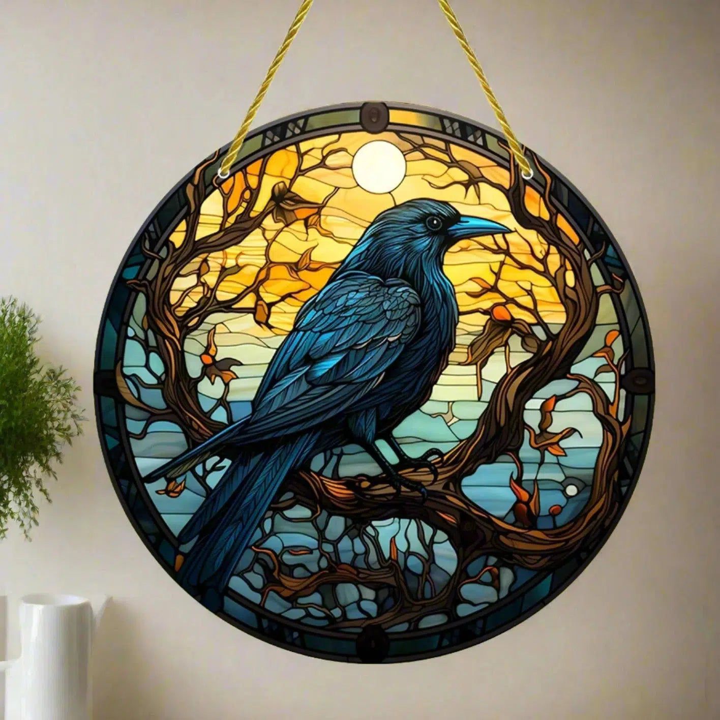 Dark Crow Suncatcher Raven Witch Acrylic Round Sign-MoonChildWorld