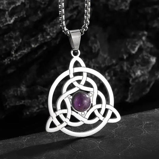 Amethyst Stone Irish Celtic Trinity Knot Necklace Witchcraft Pagan Jewelry