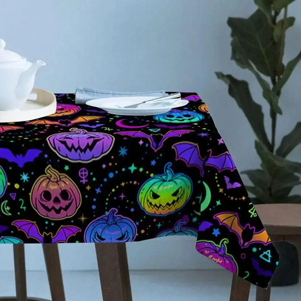 Colorful Rainbow Bat Pumpkin Halloween Tablecloth Witchy Table Decor-MoonChildWorld