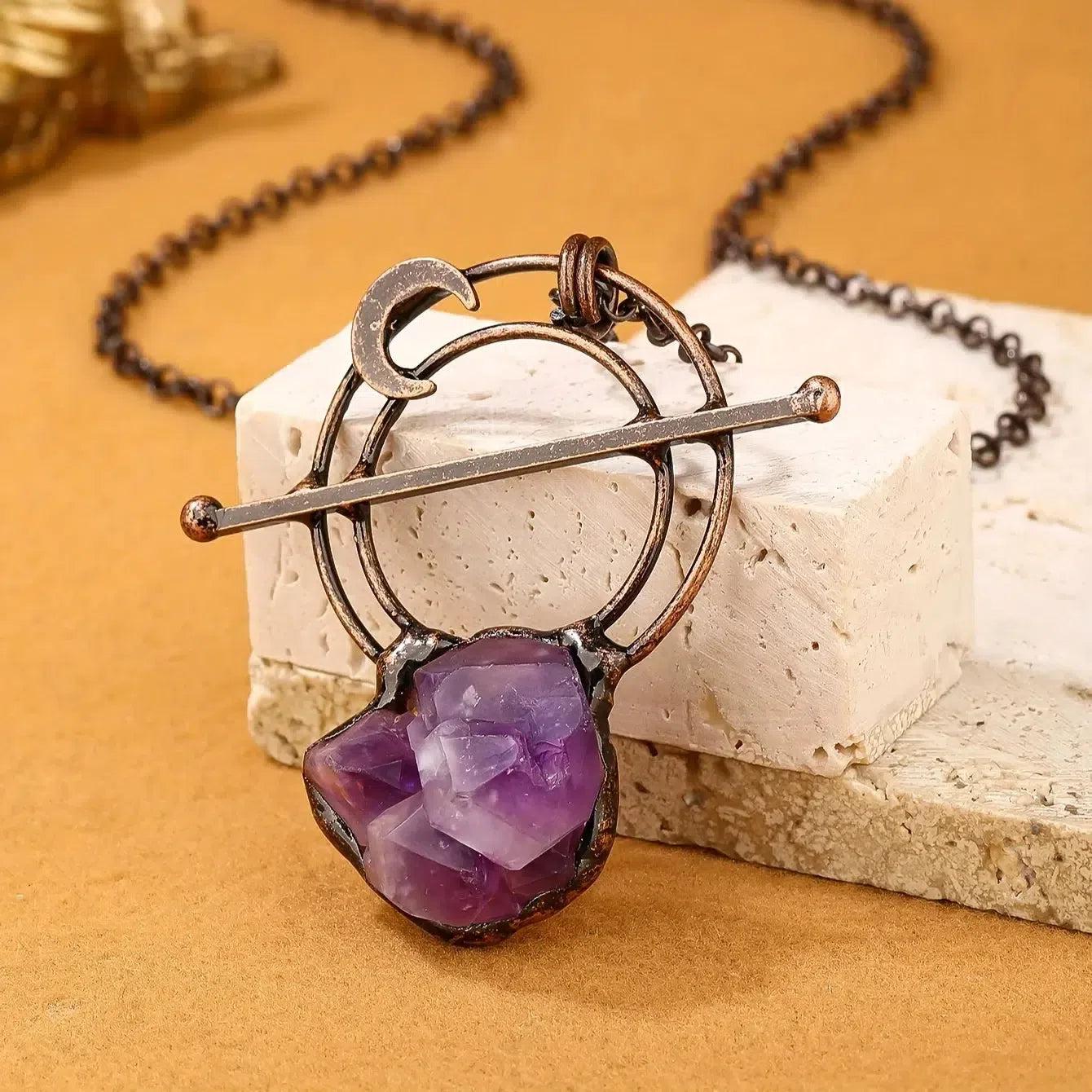 Vintage Amethyst Natural Stone Necklace Magic Moon Crystal Necklace-MoonChildWorld