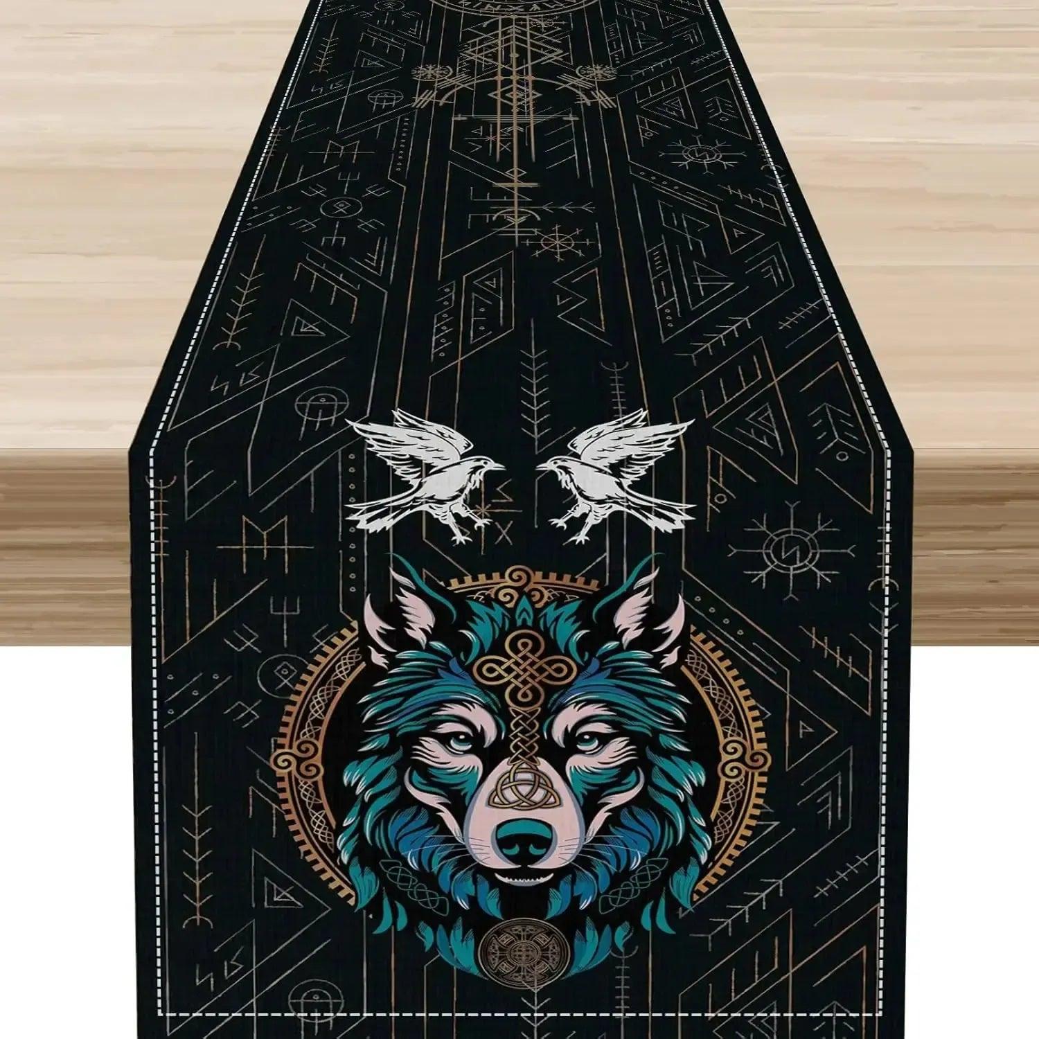 Norse Runes Viking Raven Wolf Linen Table Runner - Mythology Tree of Life Pagan Table Runners-MoonChildWorld