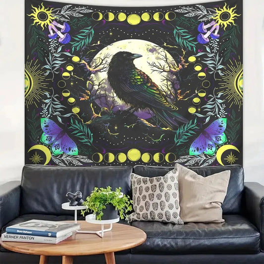 Gothic raven moon phase tapestry Mysterious moon crow tapestry