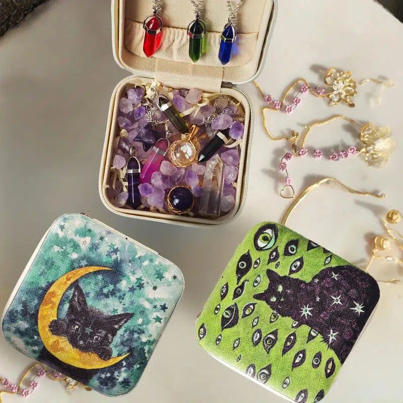 Moon Black Cat Witchy Storage Box Crystals Jewelry Storage Box-MoonChildWorld