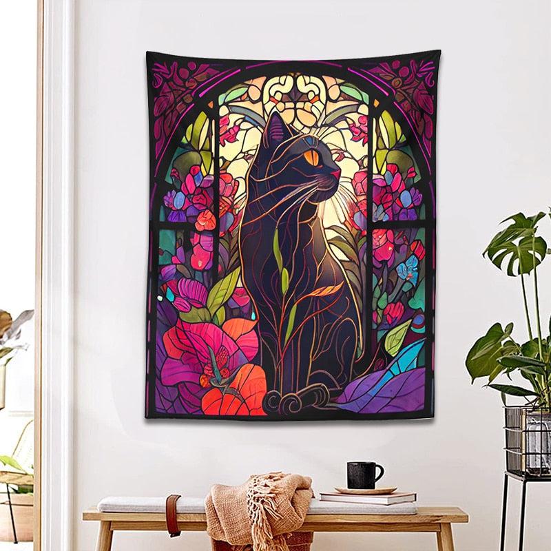 Stained Glass Mystery Cat Tapestry Witchy Wall Hanging-MoonChildWorld