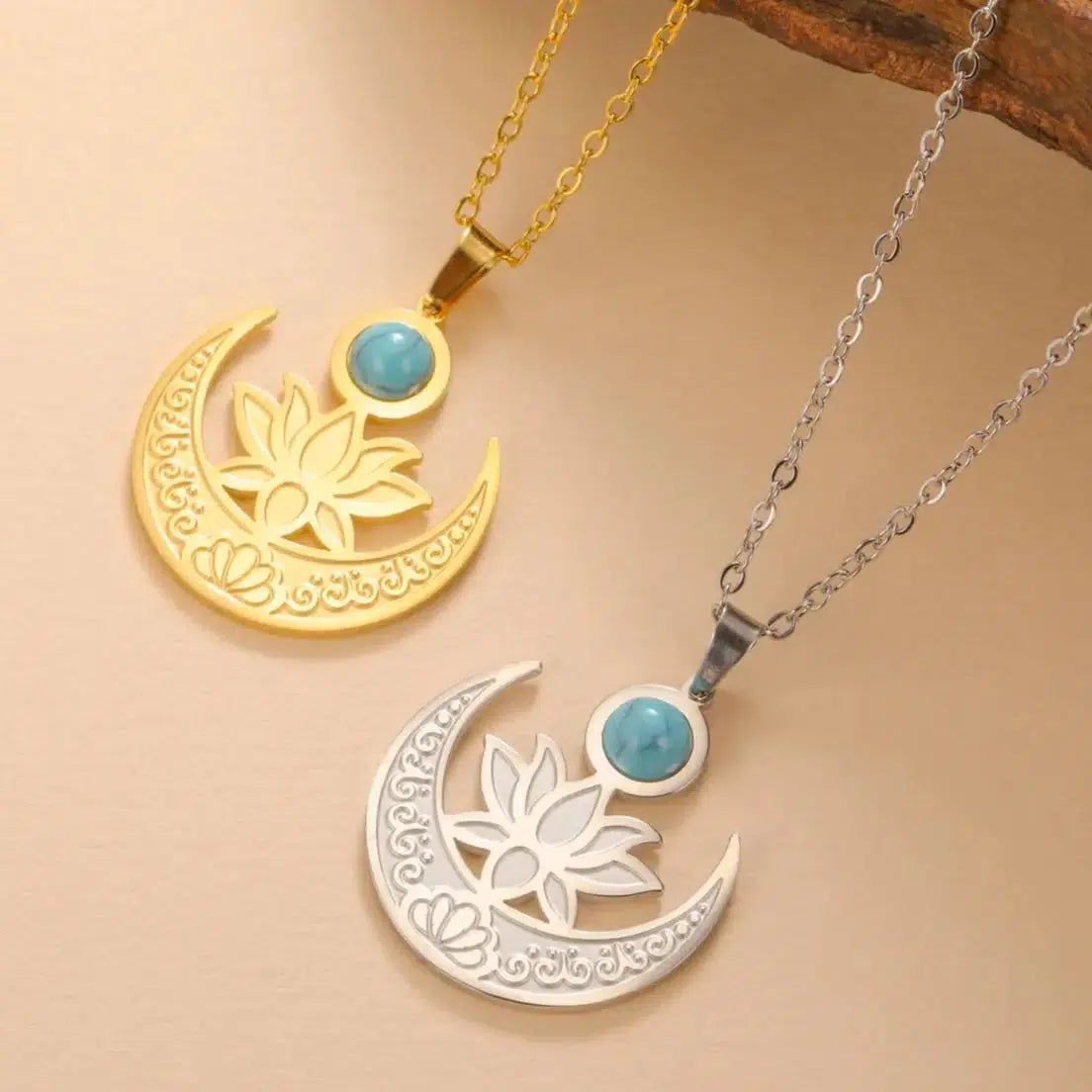 Blue Stone Lotus Moon Necklace Healing Yoga Jewelry-MoonChildWorld